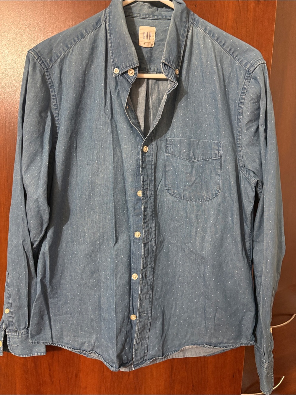 GAP Light Blue Denim Button-Down Shirt with Subtle Dot Pattern